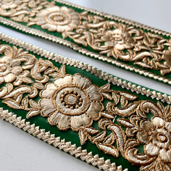 【50cm】インド刺繍リボン　グリーンxベージュ　チュール　GN459 3枚目の画像