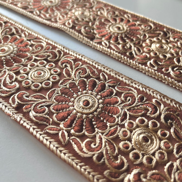 【50cm】インド刺繍リボン　ブラウン　チュール　GN460 2枚目の画像