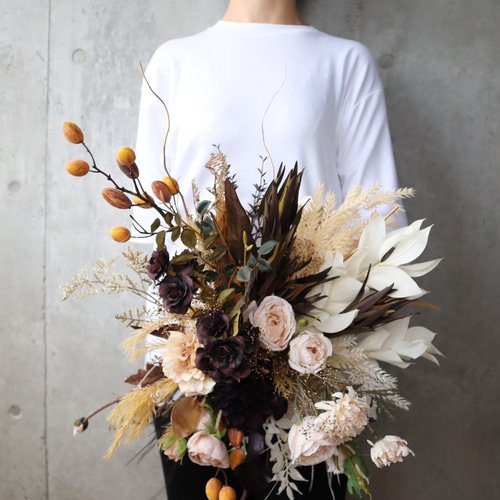 ゴールドブラウンのおしゃれ花嫁ブーケ ウェディングブーケ テラコッタ