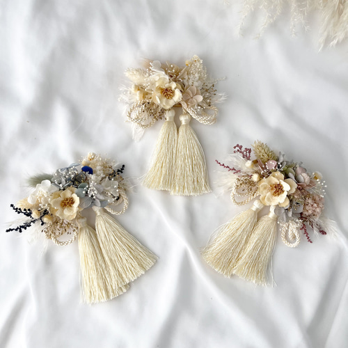 大人こども兼用 ドライフラワーとタッセルの髪飾り / ホワイト