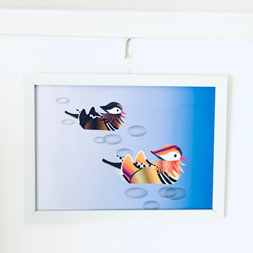 額縁付「仲良しおしどり～美しい水鳥」インテリア絵画ポスター