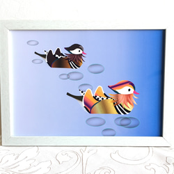 「仲良しおしどり～美しい水鳥」インテリア絵画ポスター　(イラストプリント＋額装付き) 2枚目の画像