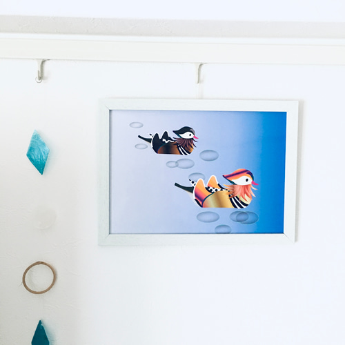 額縁付「仲良しおしどり～美しい水鳥」インテリア絵画ポスター