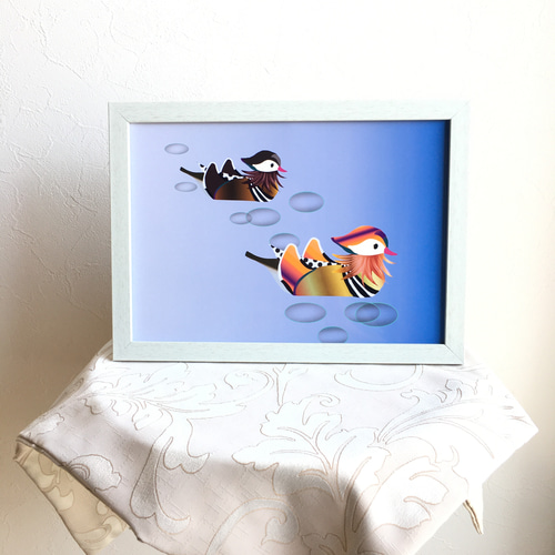 額縁付「仲良しおしどり～美しい水鳥」インテリア絵画ポスター