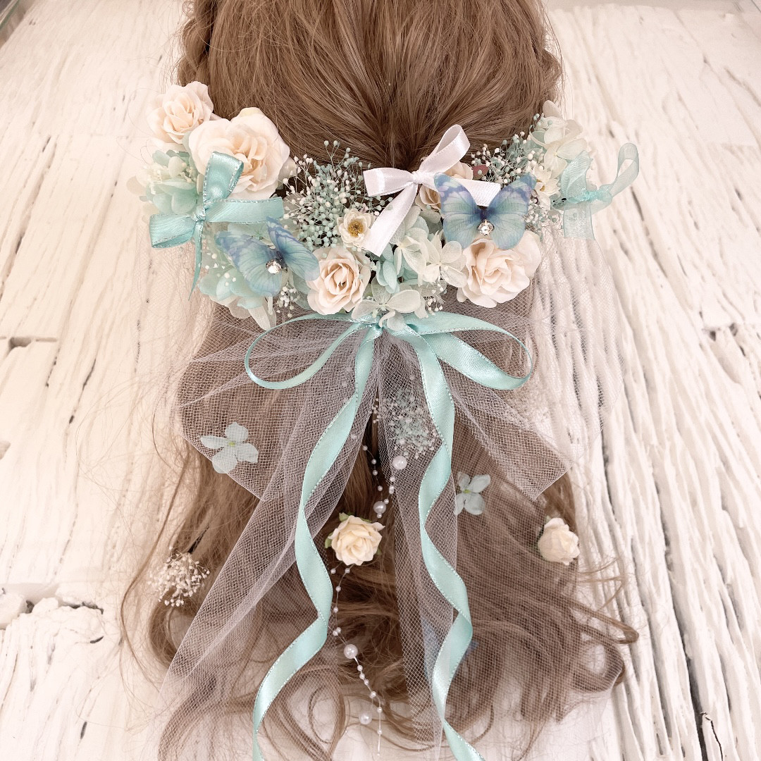 小花リボンいっぱい ブルー 髪飾り ヘッドドレス - ヘアアクセサリー