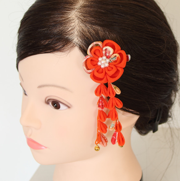 赤橙×古典文様　下がり付きクリップ髪飾り　七五三・浴衣 4枚目の画像