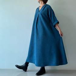 【美品】matta ネイビーとターコイズのロングワンピース マキシ丈 秋冬まで使えるマキシフレアワンピース マキシ丈 ワンピース