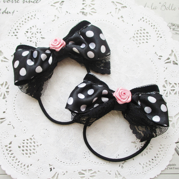 ☆ 再販 りぼん ヘアゴム 黒 水玉 レース ピンクのバラ キッズ