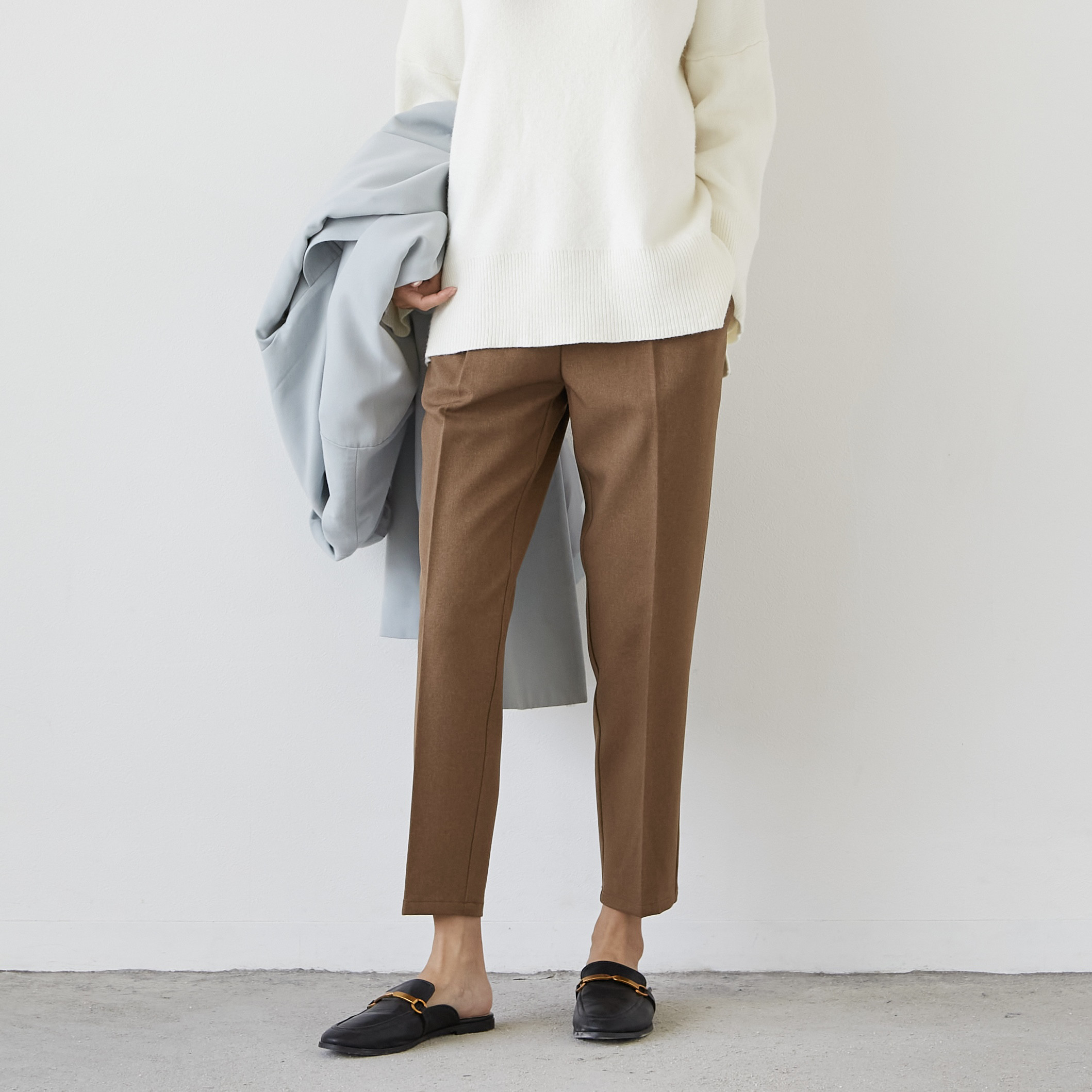 【New自分サイズの神シルエット】キレイ見え しわになりにくいウールライクパンツ　キャメル　S/M/L　全5色　3サイズ