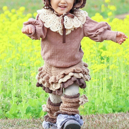 S】手編みのふりふり3段フリルスカート ミルクティ×オレンジ×チョコ