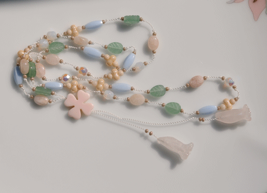 金具不使用　long　silk necklaceローズクオーツのお花が ゆらゆら　ラリエット