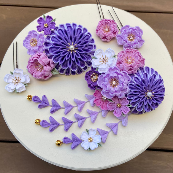 ドドリンさま専用 七五三髪飾りセット 紅藤色×薄藤色 6-72 七五三 髪飾りセット 7歳 つまみ細工 日本髪 紅藤色×薄藤色