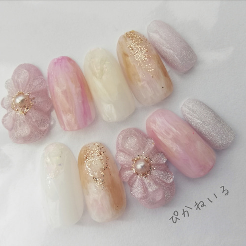 くすみピンク 大人ニュアンスネイルチップ くすみピンク×お花♡桃,大人