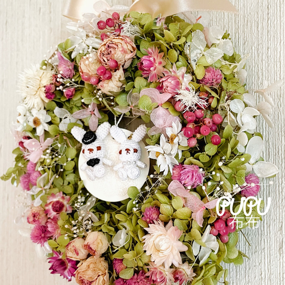 ウェディングドール✳︎ペアうさぎリース✳︎秋色アナベルとシックなピンクの幸せリース✳︎ウェルカムスペース✳︎正月飾り 2枚目の画像