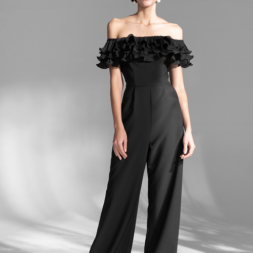 フリルオフショルダーホワイトロングパンツパーティドレス ドレス  