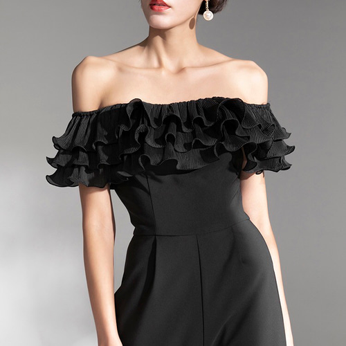 フリルオフショルダーホワイトロングパンツパーティドレス ドレス  