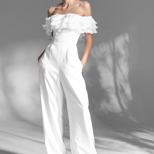 フリルオフショルダーホワイトロングパンツパーティドレス ドレス  