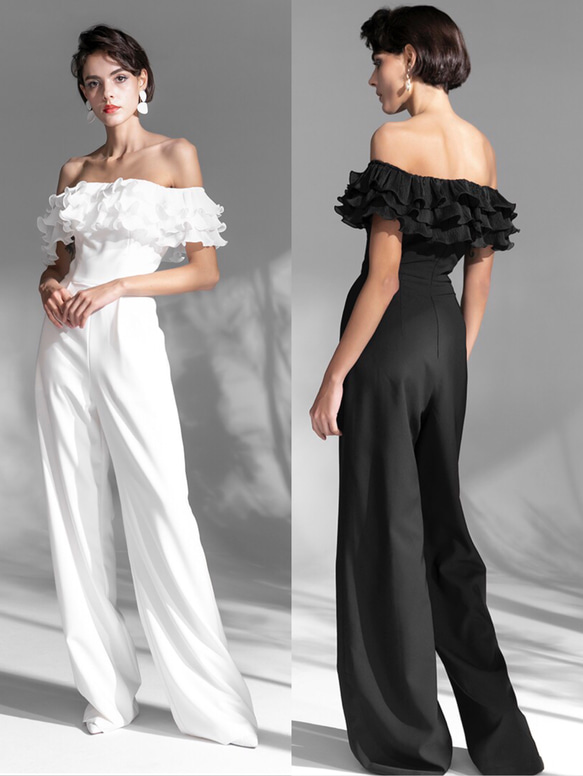 フリルオフショルダーホワイトロングパンツパーティドレス ドレス  