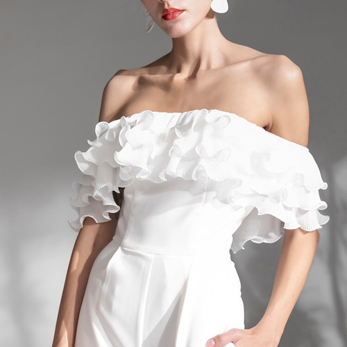 フリルオフショルダーホワイトロングパンツパーティドレス ドレス  