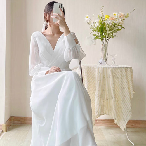フォトウエディング Vネック 長袖 シフォン ウエディングドレス 長袖シフォン Vネック ウエディングドレス フォトウエディング