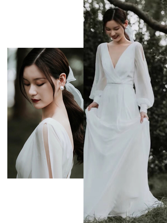 長袖シフォン Vネック ウエディングドレス フォトウエディング ドレス  