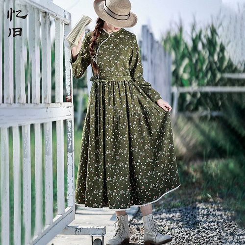 フラワープリント ハンドメイド ロイヤルブルー レース襟 リネン