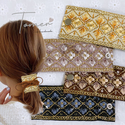 ♡インド刺繍リボン　ポニーフック　ヘアカフ　ブラック　カーキレース　パール付き♡ インド刺繍 ポニーフック ポニーフック・ヘアカフス Hopping