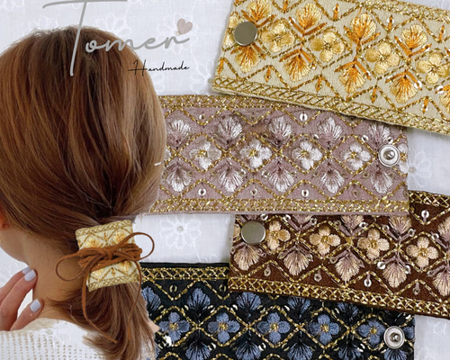 ꕤインド刺繍リボン ポニーフック ヘアカフ ラベンダーピンク ꕤ