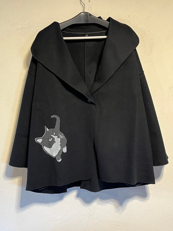 猫柄デザイン レディース ショートコート 黒 コート 猫柄デザイン レディース ショートコート 黒 コート