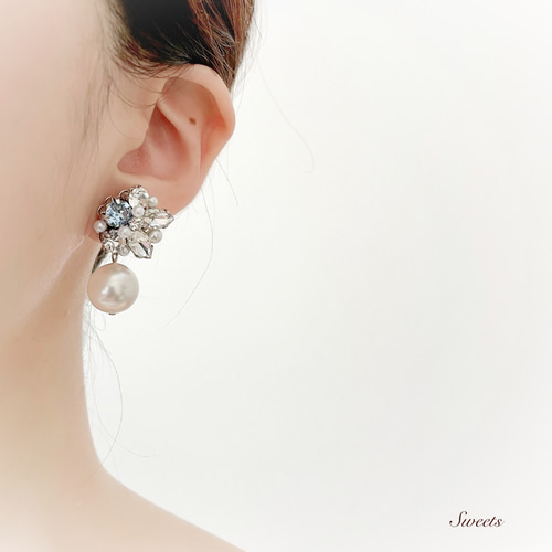 サムシングブルーのクリスタルパールピアス・イヤリング／ウェディング