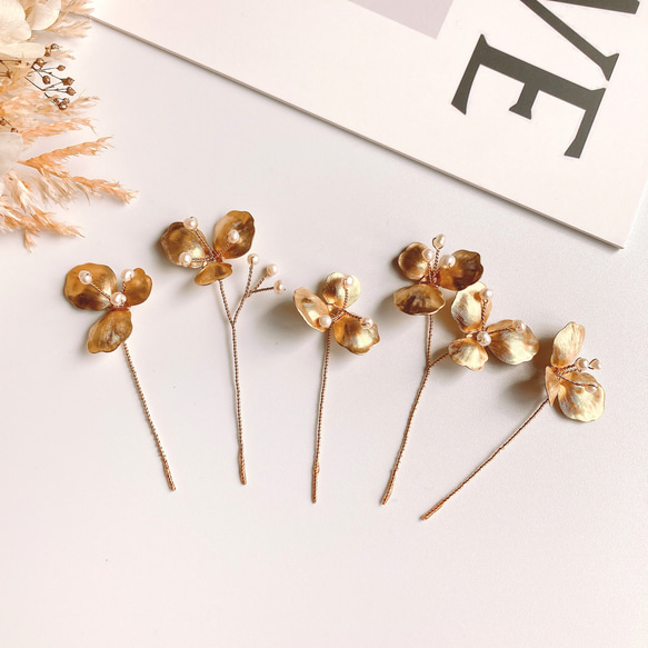 flower pearl gold pin 5set 1枚目の画像