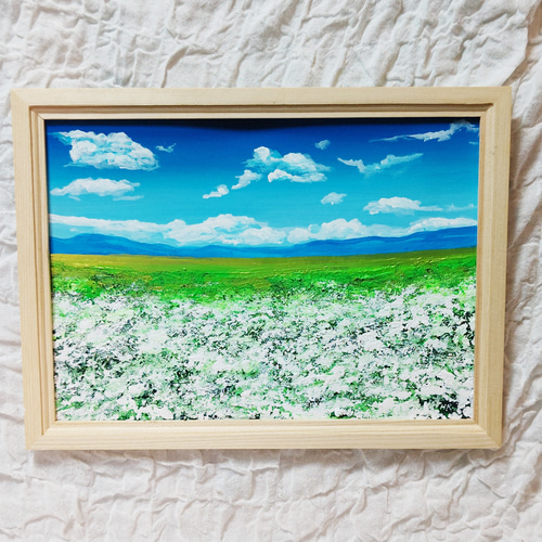 油絵 絵画 空と白いお花畑【A4】 絵画 HR 通販 14650802