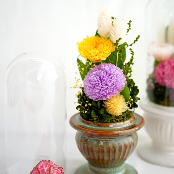 「仏花」パープルポンポン菊のプリザーブドフラワーのガラスドーム＜受注制作＞お供え花 3枚目の画像