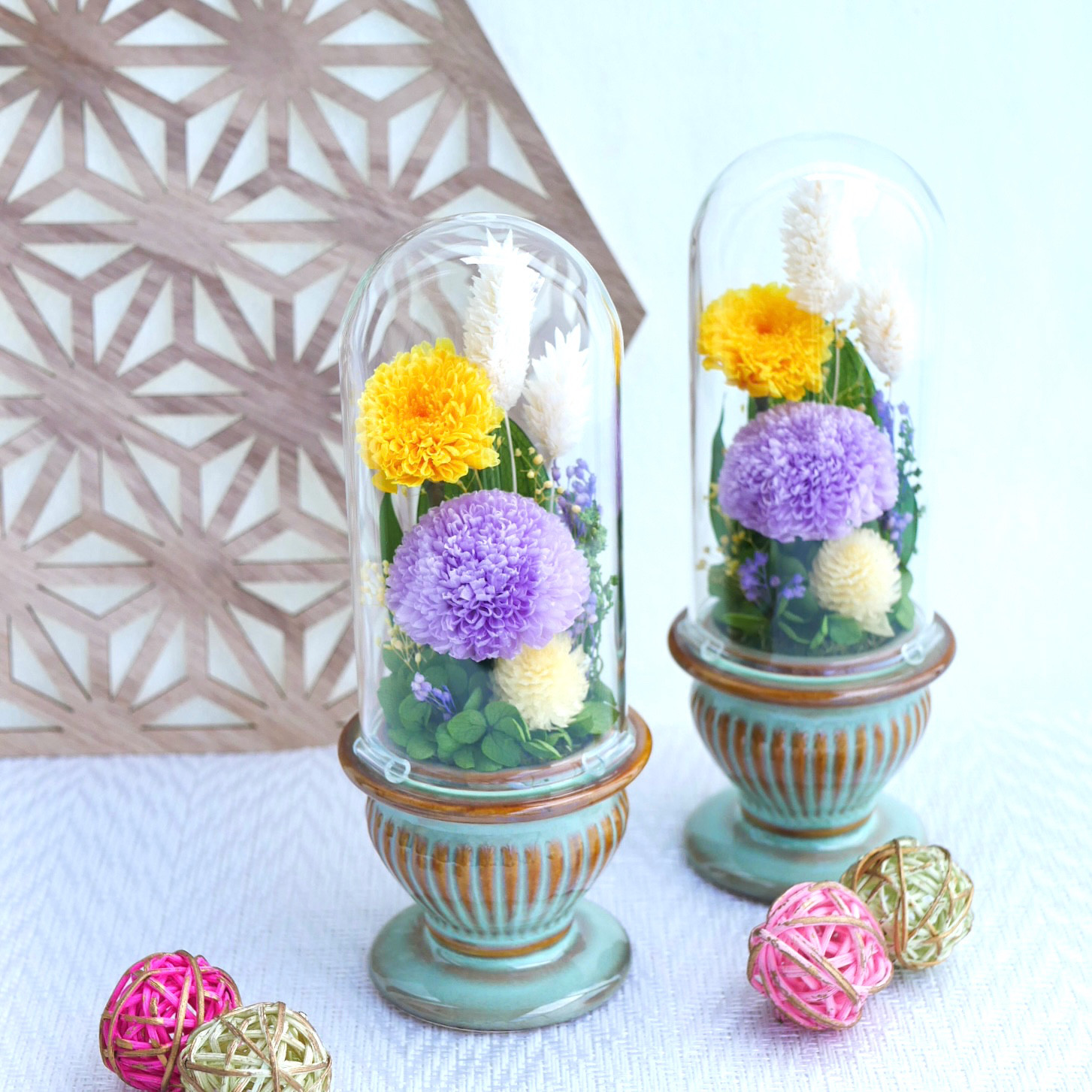 仏花ガラスドーム中対ことね菊 プリザーブドフラワー ガラスドーム小 お供え花 「ことね菊