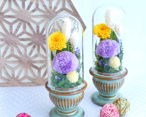 仏花」パープルポンポン菊のプリザーブドフラワーのガラスドーム