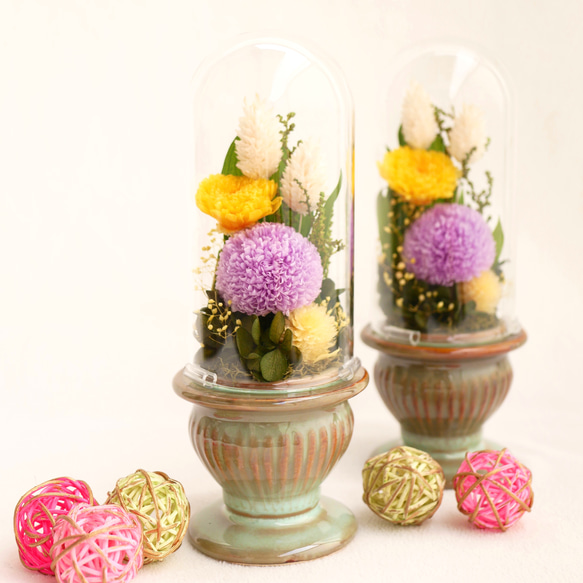 「仏花」パープルポンポン菊のプリザーブドフラワーのガラスドーム＜受注制作＞お供え花 1枚目の画像