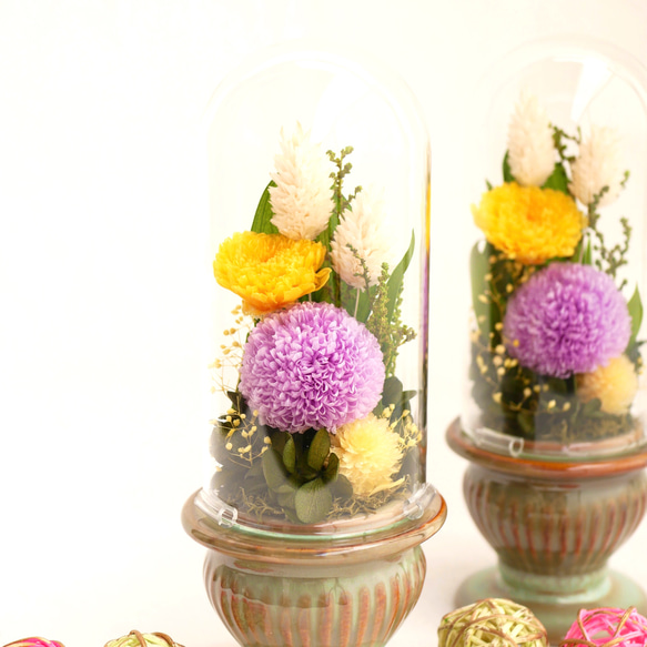 「仏花」パープルポンポン菊のプリザーブドフラワーのガラスドーム＜受注制作＞お供え花 2枚目の画像