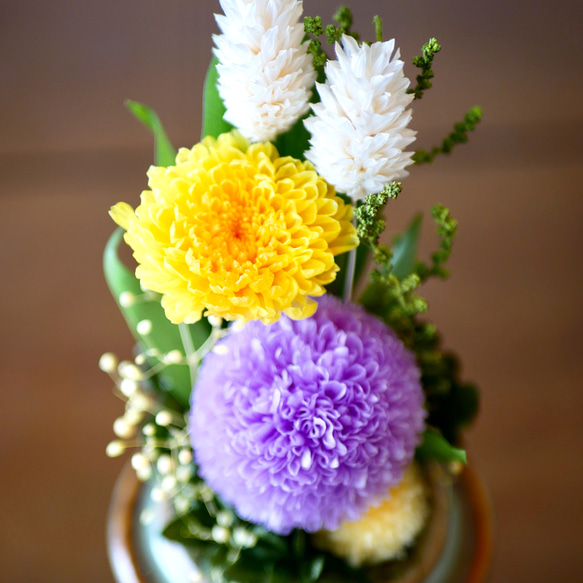 「仏花」パープルポンポン菊のプリザーブドフラワーのガラスドーム＜受注制作＞お供え花 5枚目の画像