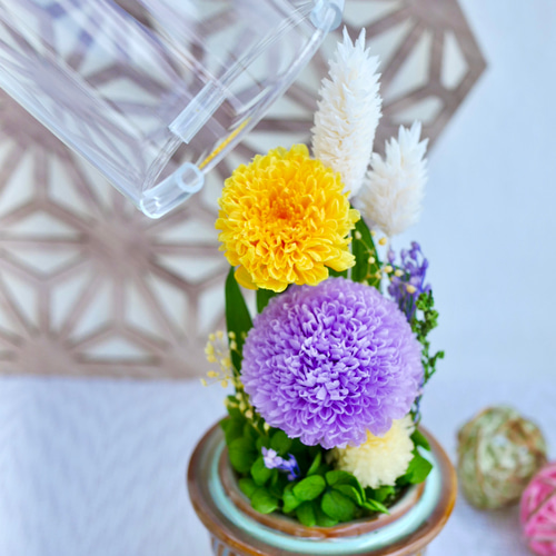 プリザーブドフラワー仏花対ガラスドーム大輪菊 仏花」パープルポンポン菊のプリザーブドフラワーのガラスドーム