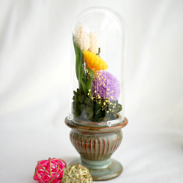 「仏花」パープルポンポン菊のプリザーブドフラワーのガラスドーム＜受注制作＞お供え花 7枚目の画像