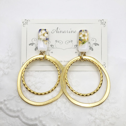 大きめゴールドサークル×ドライフラワー 大ぶりイヤリング/ピアス