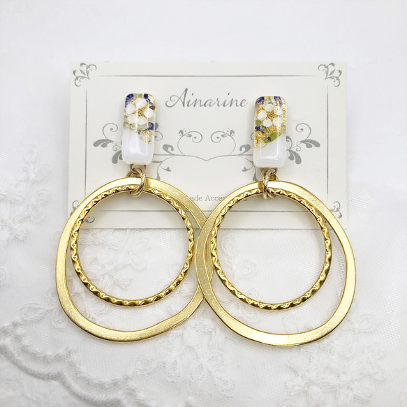 大きめゴールドサークル×ドライフラワー 大ぶりイヤリング/ピアス