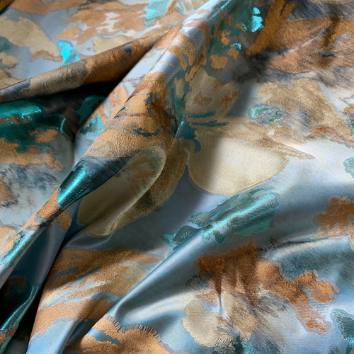 生地］フランス製最高級 ラメ シルクジャガード 絵画風花柄 ブルー  