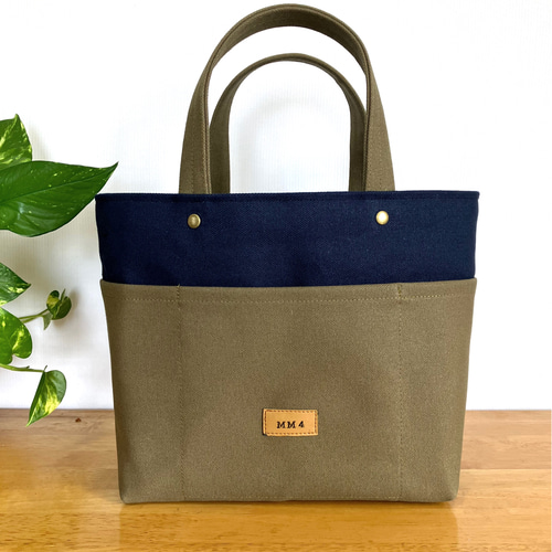 受注製作】帆布トートバッグ(M・紺×カーキ) トートバッグ 受注製作】帆布トートバッグ(M・紺×カーキ) トートバッグ