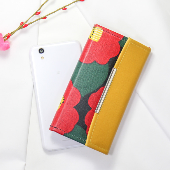 色変更可 オーダーメイド iPhone・Android 手帳型スマホケース 椿 和柄 