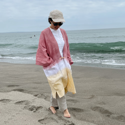 送料無料 ゆったりたっぷりのんびり！フレンチリネン泥染の羽織りコート " Tropical Time "ピンク+イエロー 3枚目の画像