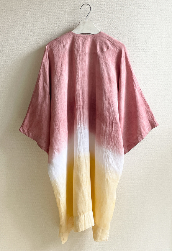 送料無料 ゆったりたっぷりのんびり！フレンチリネン泥染の羽織りコート " Tropical Time "ピンク+イエロー 9枚目の画像
