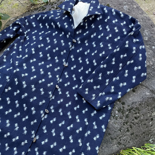 着物リメイク】絣の衿付きコートワンピース/藍染 ワンピース 古布華