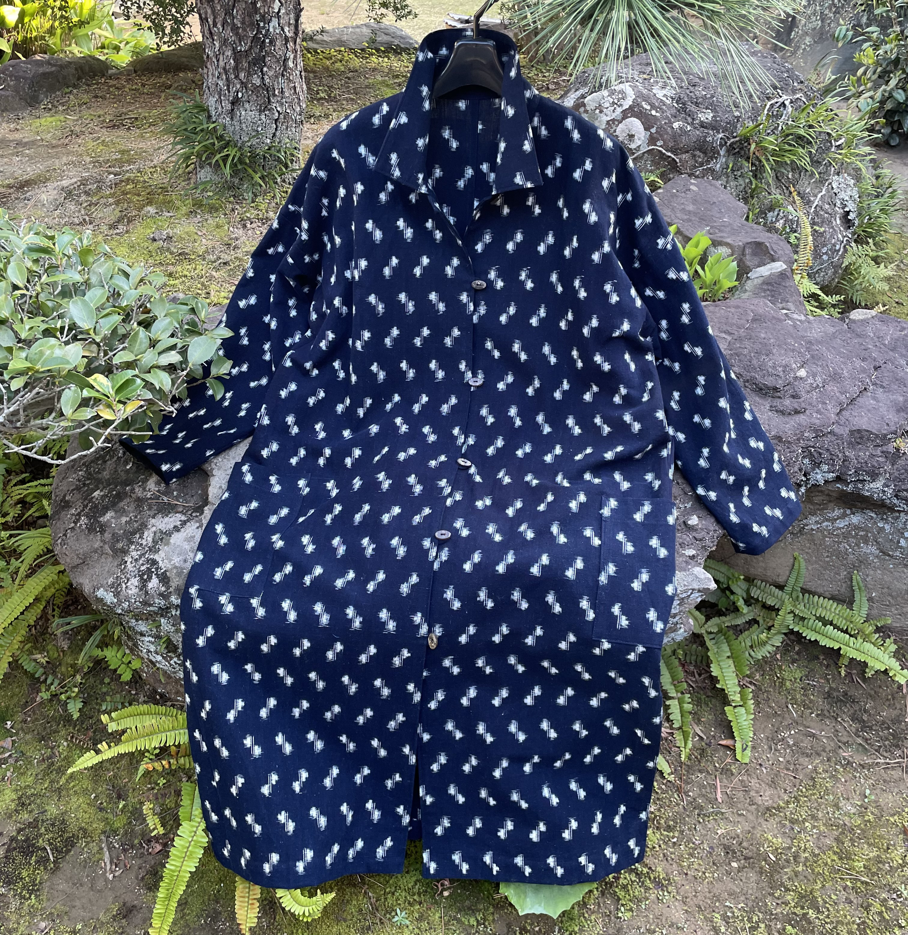 【着物リメイク】絣の衿付きコートワンピース/藍染 ワンピース 古布 