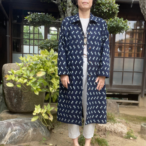 着物リメイク】絣の衿付きコートワンピース/藍染 ワンピース 古布華